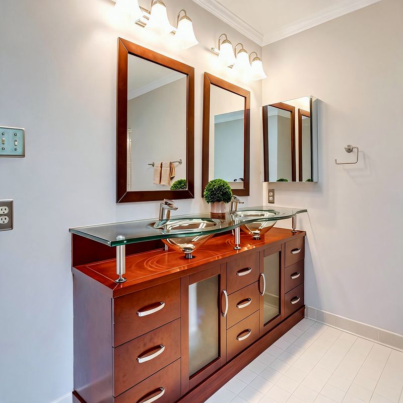 A resident bathroom with a double vanity and wide mirrors