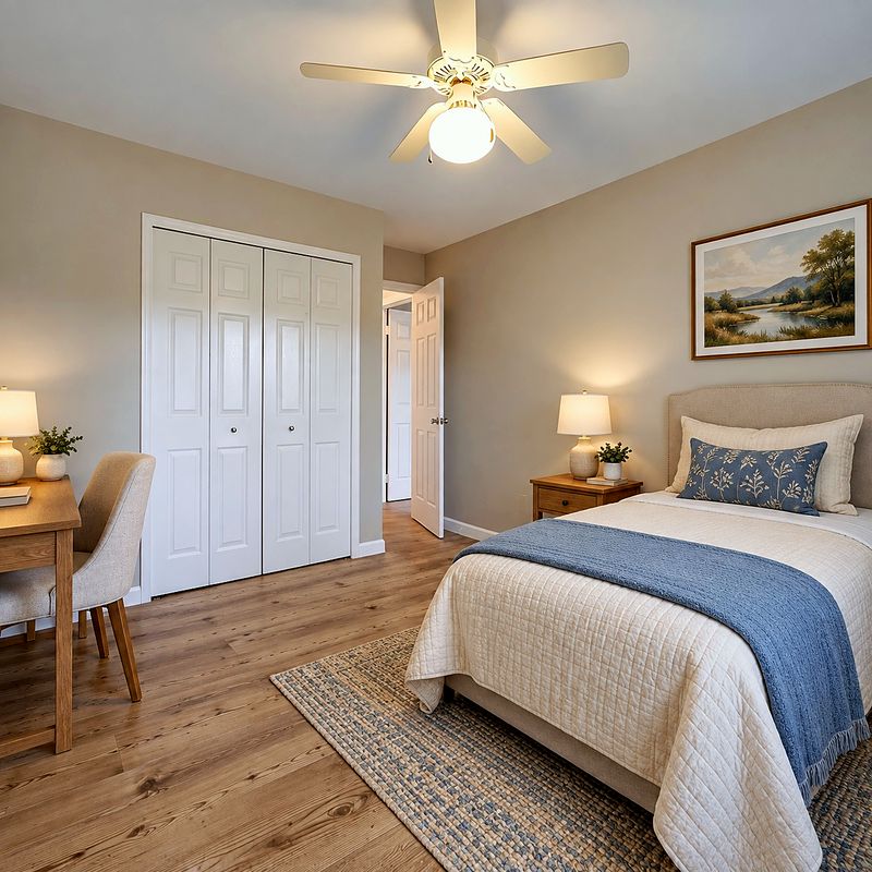 A planned resident bedroom with closet doors, a writing desk and greige wood-look flooring