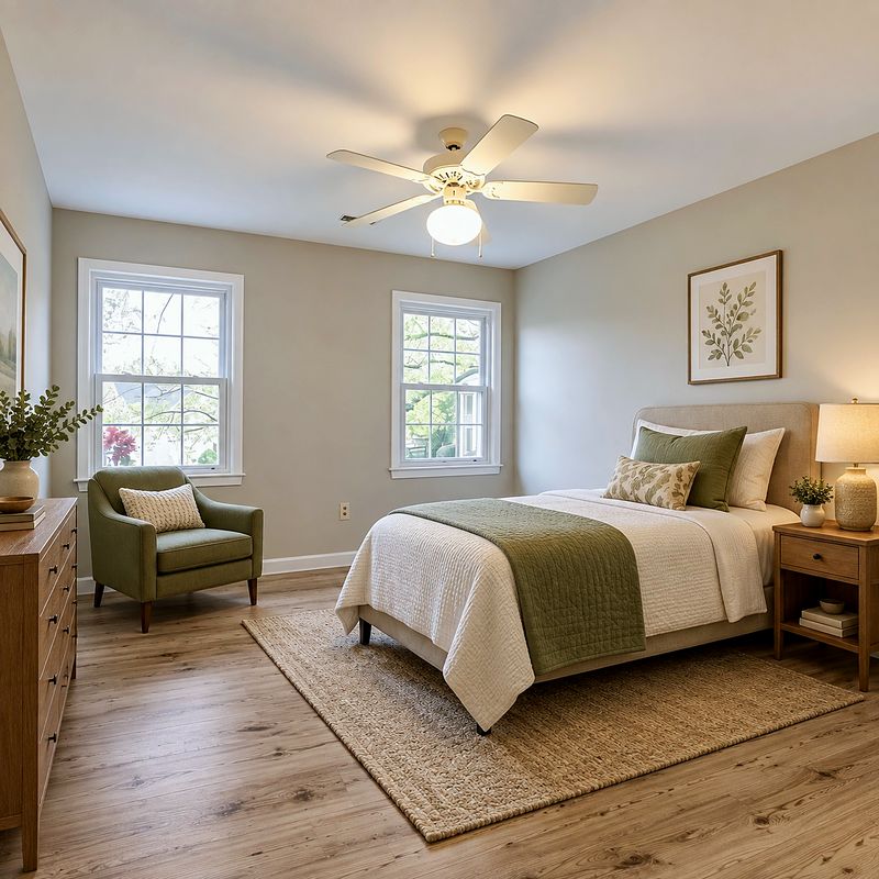 A planned two-window resident bedroom with a full-size bed, reading chair and greige wood-look flooring
