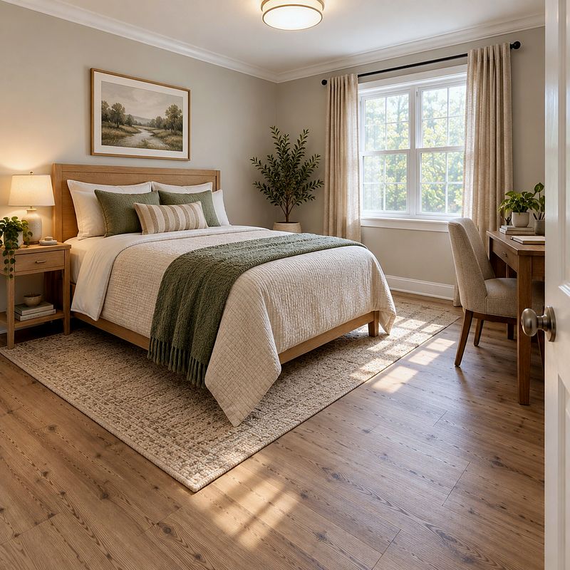 A planned resident bedroom with a full-size bed, warm bedding, a reading chair and greige wood-look flooring