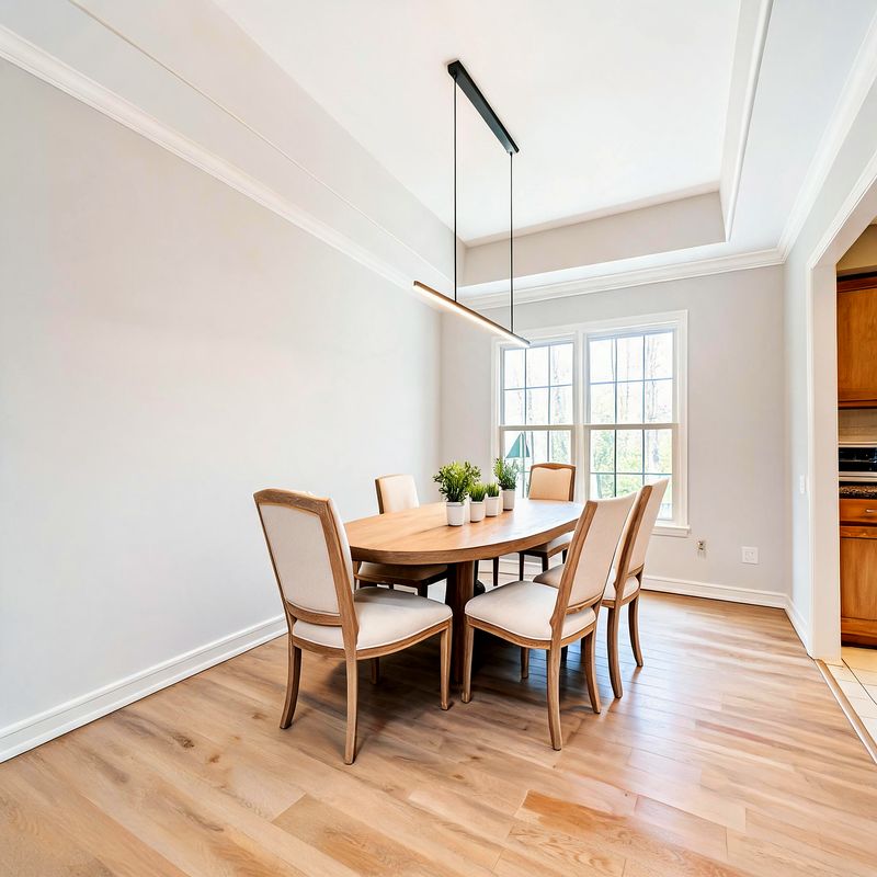 The dining room as a proposed finish concept — smooth white walls, a light oak table with six upholstered chairs beneath a black linear pendant, oak flooring