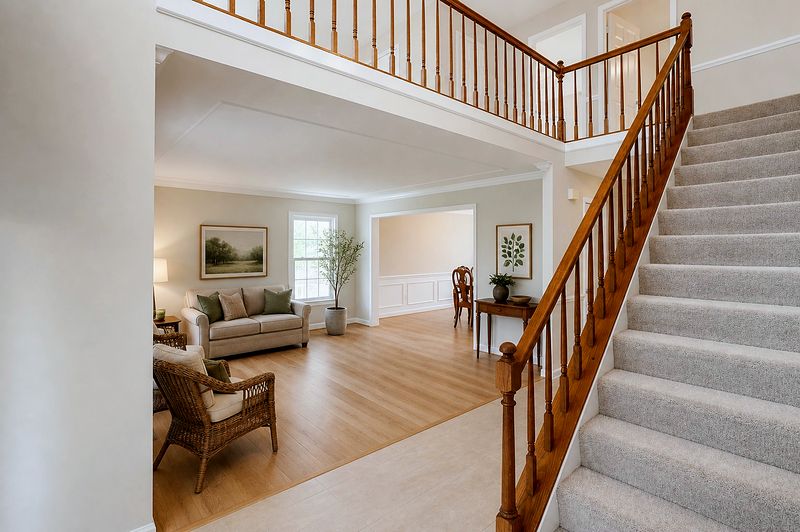 The entrance hall and living area looking toward the staircase