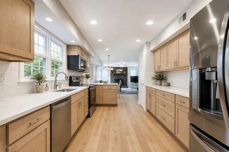 The kitchen with pale counters and full-height cabinetry