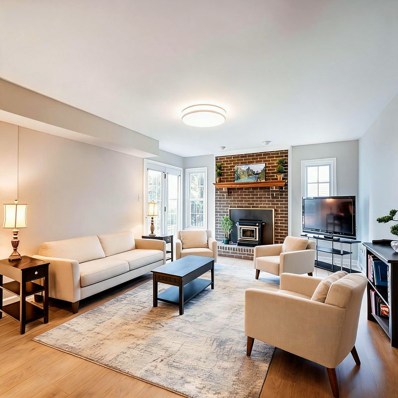 The living room as a proposed finish concept — beige seating in a conversation circle around the restored brick fireplace, on oak flooring